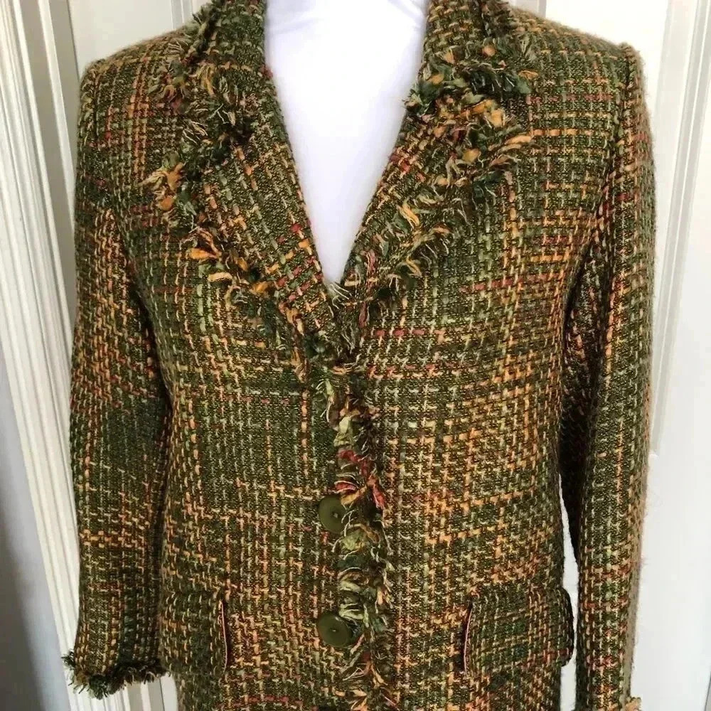 Studio Works green tweed long sleeve jacket fringe long button down jacket SP